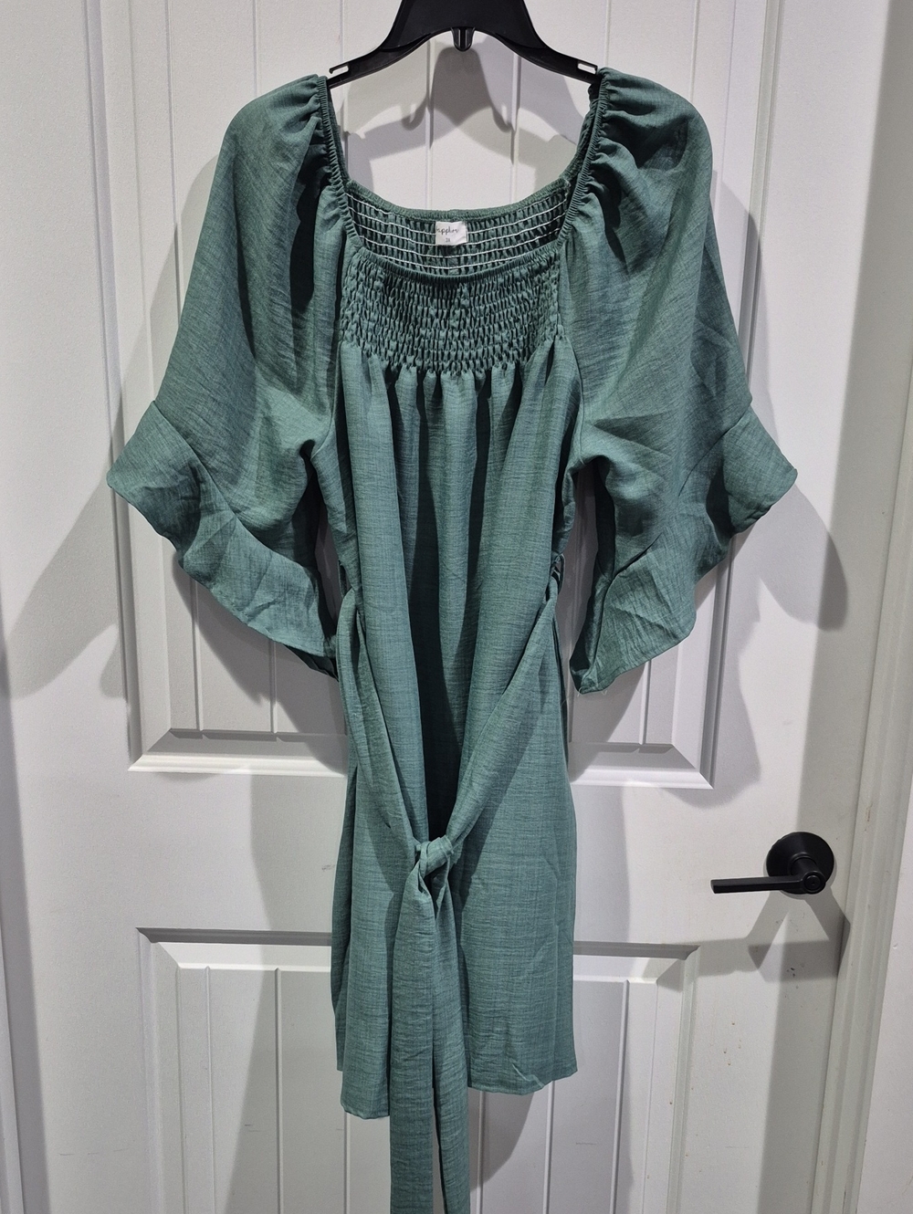 Smocked Square-Neck Long Sleeve Dress in Sage Green
